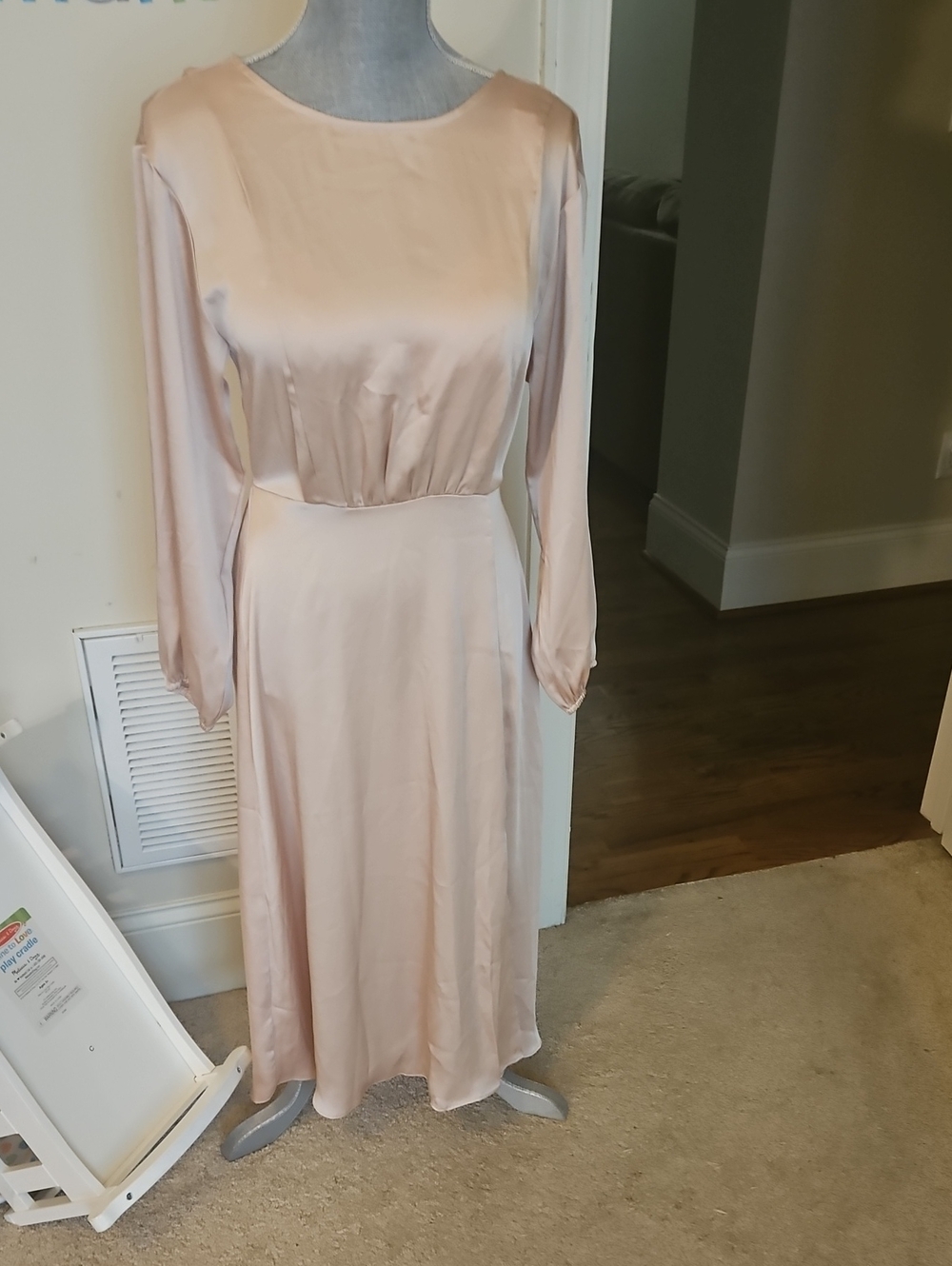 nwt womens sz s long grace karin l/s dress champagne color slit on side